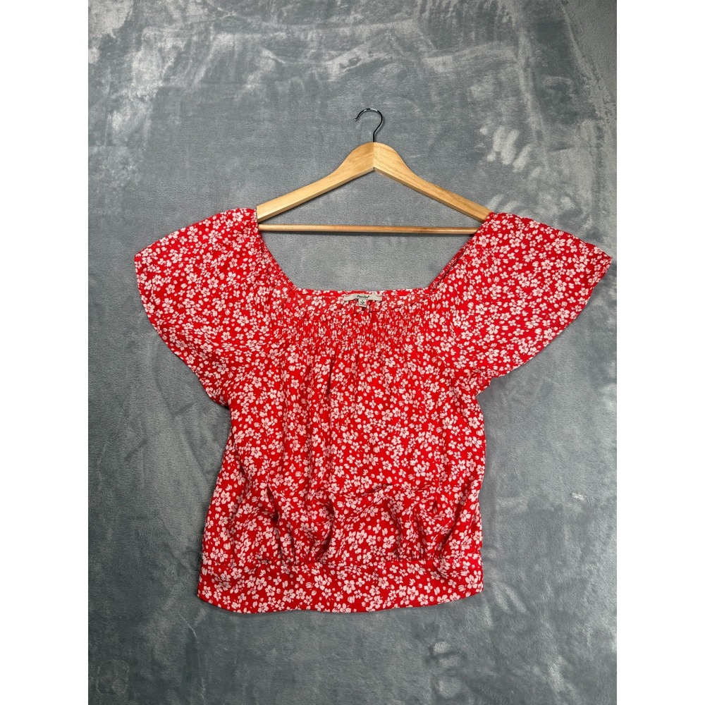 Papaya Blouse Top Womens Large Red White Ditsy Floral Smocked Square Neck Modern